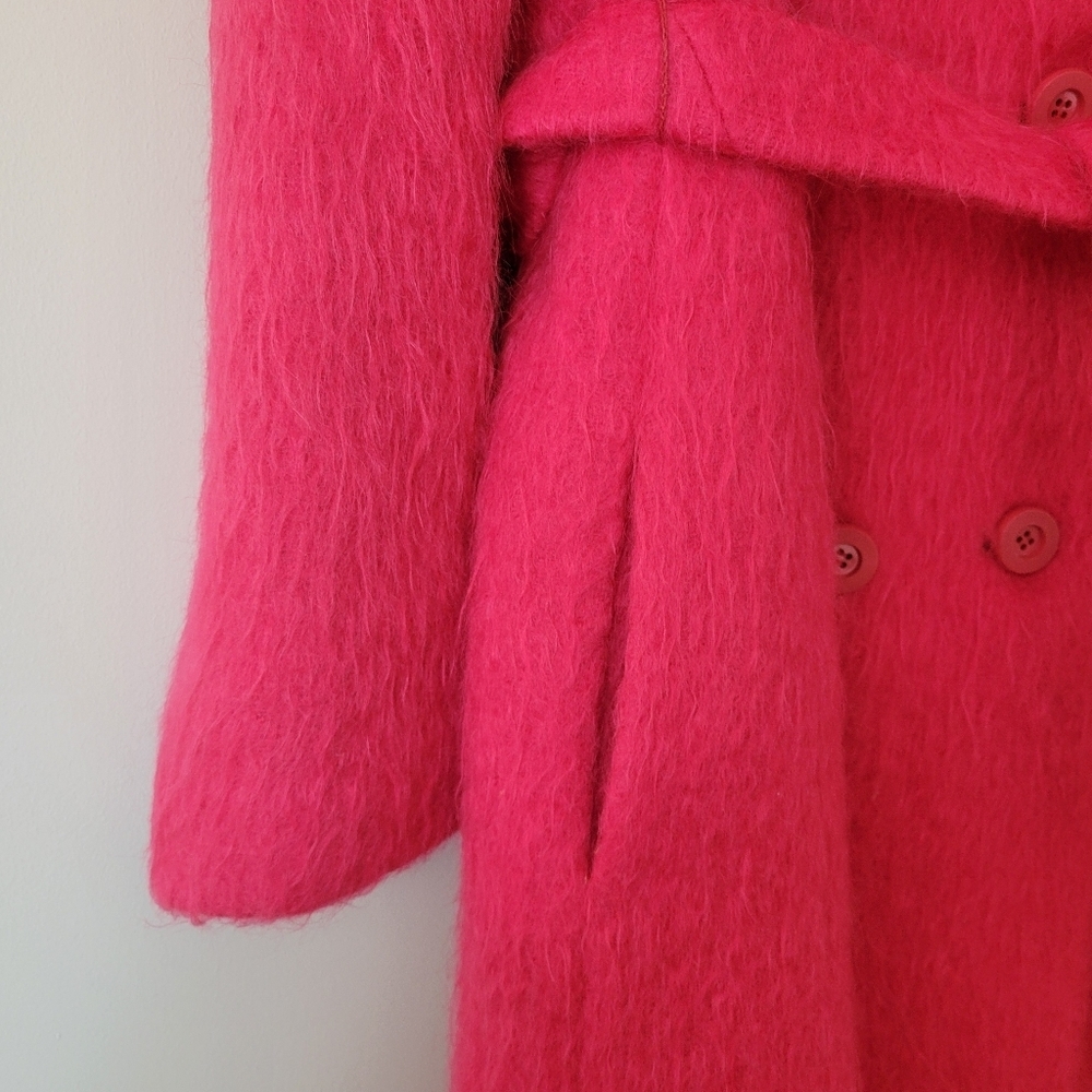 Vintage 80s Mohair Wool Women's Double Breasted Belted Fuchsia Pink Trench Coat - Picture 7 of 11